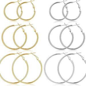 Gold and Silver Hoop Earrings - Lightweight, Hypoallergenic, 6 Pairs, 30-50mm